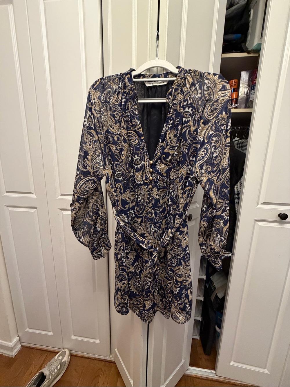 Navy Paisley Print Chiffon Dress with Tie Waist